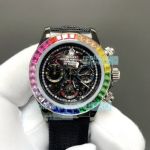 AAA Clone Rolex Skeleton Daytona Rainbow Bezel Quartz Chronograph Braided Strap Watch 